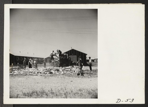 Tule Lake, Newell, Calif.--Evacuees distribute scrap lumber to each block. This scrap will be used by the residents to construct furniture for their apartments and also for firewood. Photographer: Stewart, Francis Newell, California