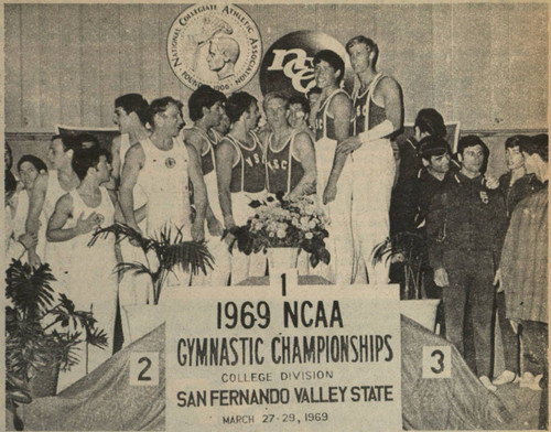 Photograph from the Daily Sundial of the San Fernando Valley State College (now CSUN) championship men's gymnastics squad, May 23, 1969