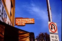 Overhead sign of Jordan's Stationery store on the west side of the 100 block on North Main Street, Sebastopol, California