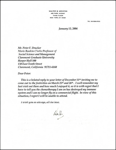 Correspondence from Walter B. Wriston to Peter Drucker, 2004-01-13