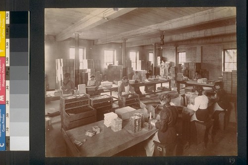 [Factory workers in packaging area.]
