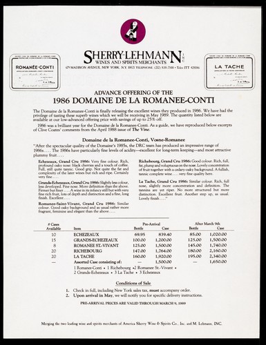 Advance Offering of the 1986 Domaine De La Romanee-Conti