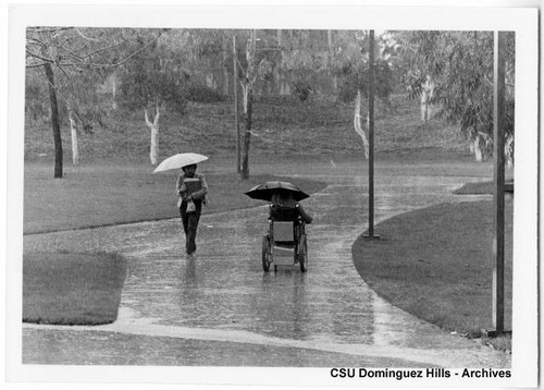 Campus walkway on rainy day