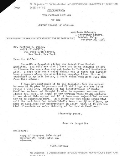 Juan de Zengotita letter to Bertram Wolfe regarding dispatch from Hamish Hamilton, with attachments