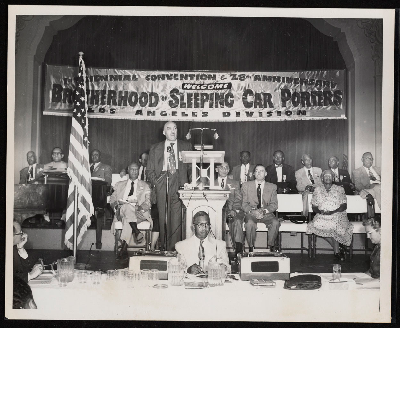 C.L. Dellums speaking in front of a session of the 28th anniversary of the Brotherhood of Sleeping Car Porters, Los Angeles Division