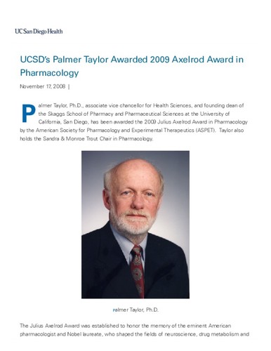 UCSD’s Palmer Taylor Awarded 2009 Axelrod Award in Pharmacology