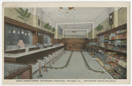 Kemp's Confectionary, 209 Broadway (Union Bldg.,) San Diego, Cal. "Our Mission chocolates excel."