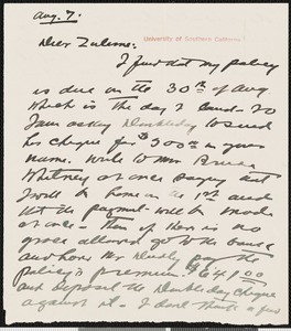Hamlin Garland, letter, 1906-08-07, to Zulime Taft Garland