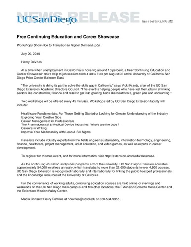 Free Continuing Education and Career Showcase--Workshops Show How to Transition to Higher Demand Jobs
