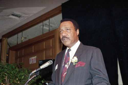 Man speaking at Willie William's welcoming event, Los Angeles, 1992