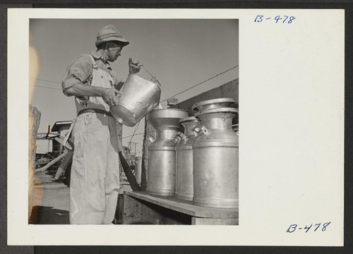 S. Ishimoto, former resident of El Centro, California, is shown at the dairy farm school here. He will be the milk barn foreman as soon as it has been completed, but now is helping to train evacuee students. At El Centro, he owned and operated a 200 cow dairy. Photographer: Stewart, Francis Rivers, Arizona