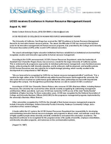 UCSD receives Excellence in Human Resource Management Award