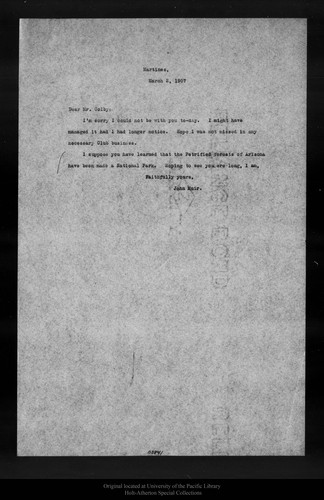 Letter from John Muir to [William] Colby, 1907 Mar 2