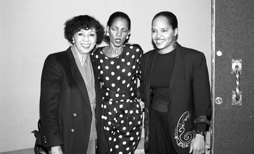 Gertrude Gipson, Melba Moore, and an unidentified woman posing together at the Pied Piper, Los Angeles, 1989