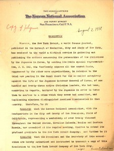 Korean National Association resolution thanking the New York Heralf for investigating Japanese treatment of Christians in Korea, 1912
