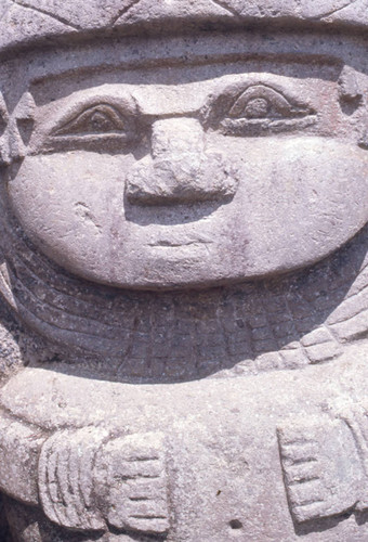 Statue of a woman, close-up, San Agustín, Colombia, 1975
