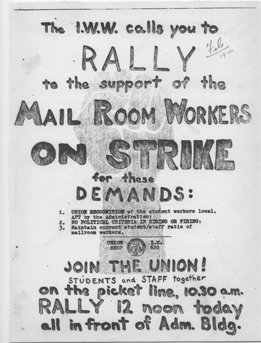 Industrial Workers of the World (IWW) flier in support of Mail Room Strike at San Fernando Valley State College (now CSUN), 1970