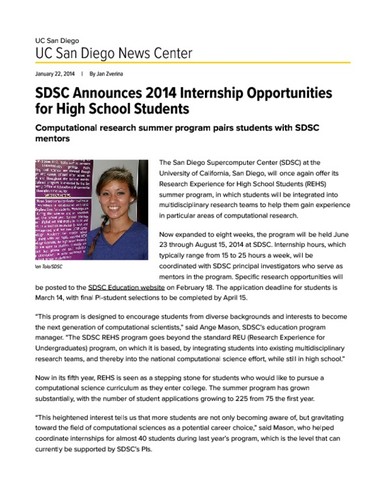 SDSC Announces 2014 Internship Opportunities for High School Students