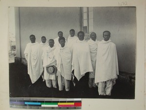 Nine Malagasy teachers at Ambohipiantrana, a home for the leprous patients, Antsirabe, Madagascar, ca.1916