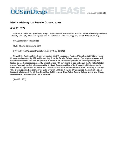 Media advisory on Revelle Convocation