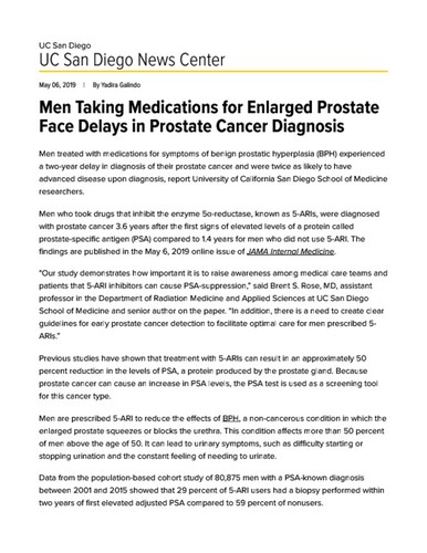 Men Taking Medications for Enlarged Prostate Face Delays in Prostate Cancer Diagnosis