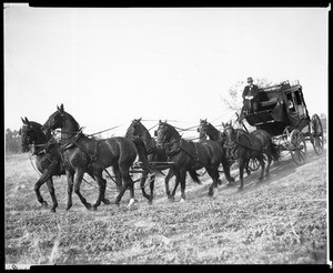 View of a Captain Banning Line stagecoach and team, possibly a recreation, ca.1875(?)