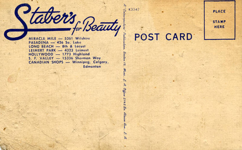 Staber's for Beauty postcard, circa 1940s (back)