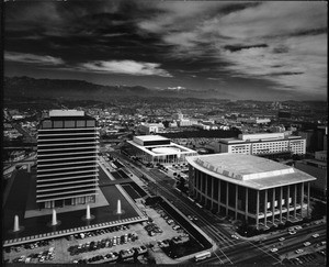 Birdseye view of Dorothy Chandler Pavilion and Mark Taper Forum, Los Angeles, ca.1970