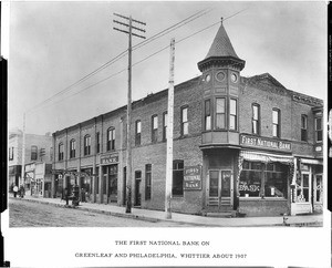 Exterior view of the First National Bank at the corner of Greenleaf Avenue and Philadelphia Street, Whittier, ca.1905-1907