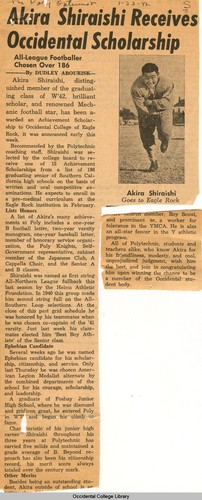 "Akira Shiraishi Receives Occidental Scholarship" [excerpted from The Daily Optimist, January 22, 1942]