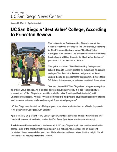 UC San Diego a ‘Best Value’ College, According to Princeton Review