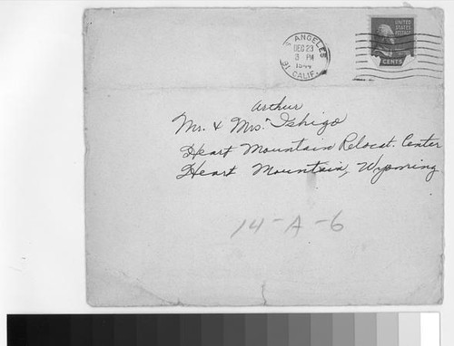 Letter, 1944 December 21, Los Angeles, Calif. to Mr. and Mrs. Arthur Ishigo, Heart Mountain Relocation Center, Heart Mountain, Wyoming