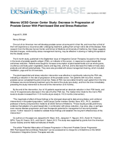 Moores UCSD Cancer Center Study: Decrease in Progression of Prostate Cancer With Plant-based Diet and Stress Reduction