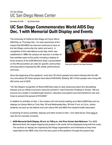 UC San Diego Commemorates World AIDS Day Dec. 1 with Memorial Quilt Display and Events