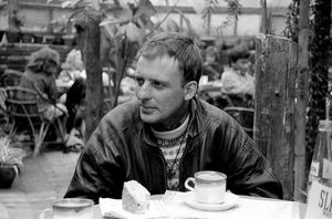 Kathmandu, Nepal 1988. Project Western Youth coordinator, Johnny Rønved at a café and meeting p