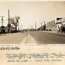 Del Paso Blvd. Looking South. Jan. 14, 1940. 'Cooks' Cat & Dog Hospital on the left. Globe St., left... South City Limits