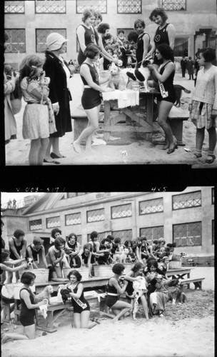 Bathing Beauty contestants giving dogs a bath