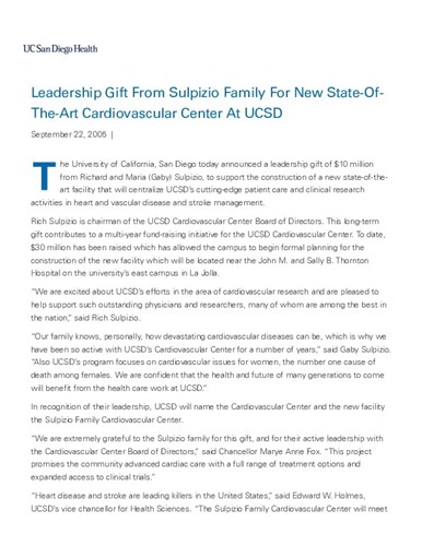 Leadership Gift From Sulpizio Family For New State-Of-The-Art Cardiovascular Center At UCSD