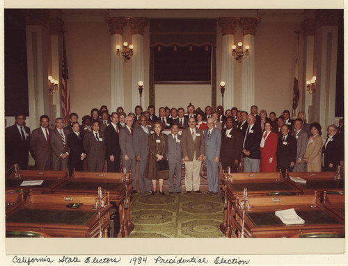 Margaret Brock posing with the California State Electors for the 1984 Presidential election