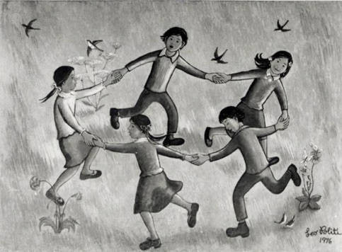 Mural of children playing ring around the rosy by Leo Politi, at Castelar Elementary School, near the entrance