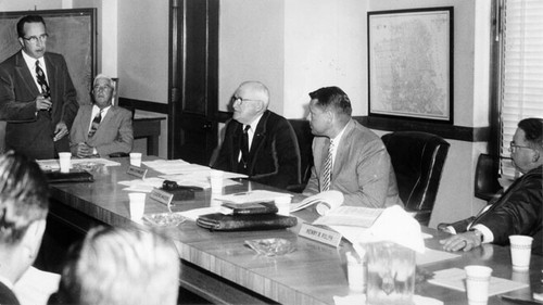 [George Johns, James Lee Halley, Eugene McAteer and Henry Rolph at a Municipal Railway hearing on a five day work week for Muni drivers]