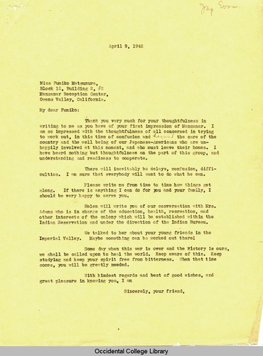Letter from Remsen Bird to Fumiko Matsumura, April 9, 1942