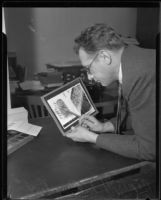 Los Angeles police captain Howard L. Barlow inspecting fingerprint images, Los Angeles, 1934