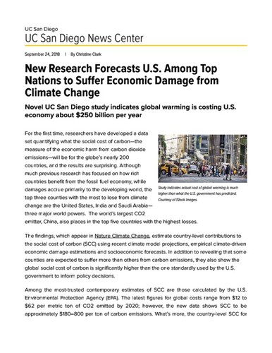 New Research Forecasts U.S. Among Top Nations to Suffer Economic Damage from Climate Change