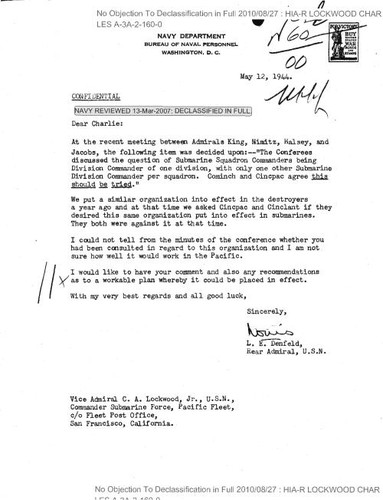 L. E. Denfeld letter to Vice Admiral C. A. Lockwood