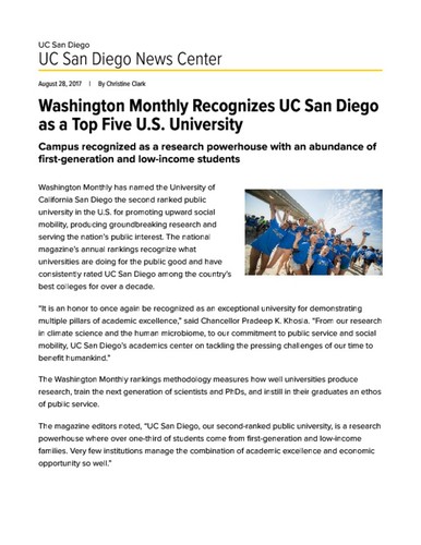Washington Monthly Recognizes UC San Diego as a Top Five U.S. University