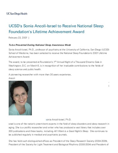 UCSD's Sonia Ancoli-Israel to Receive National Sleep Foundation's Lifetime Achievement Award
