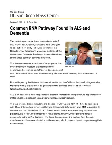 Common RNA Pathway Found in ALS and Dementia