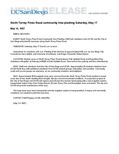 North Torrey Pines Road community tree planting Saturday, May 17