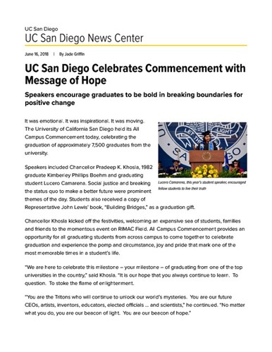UC San Diego Celebrates Commencement with Message of Hope